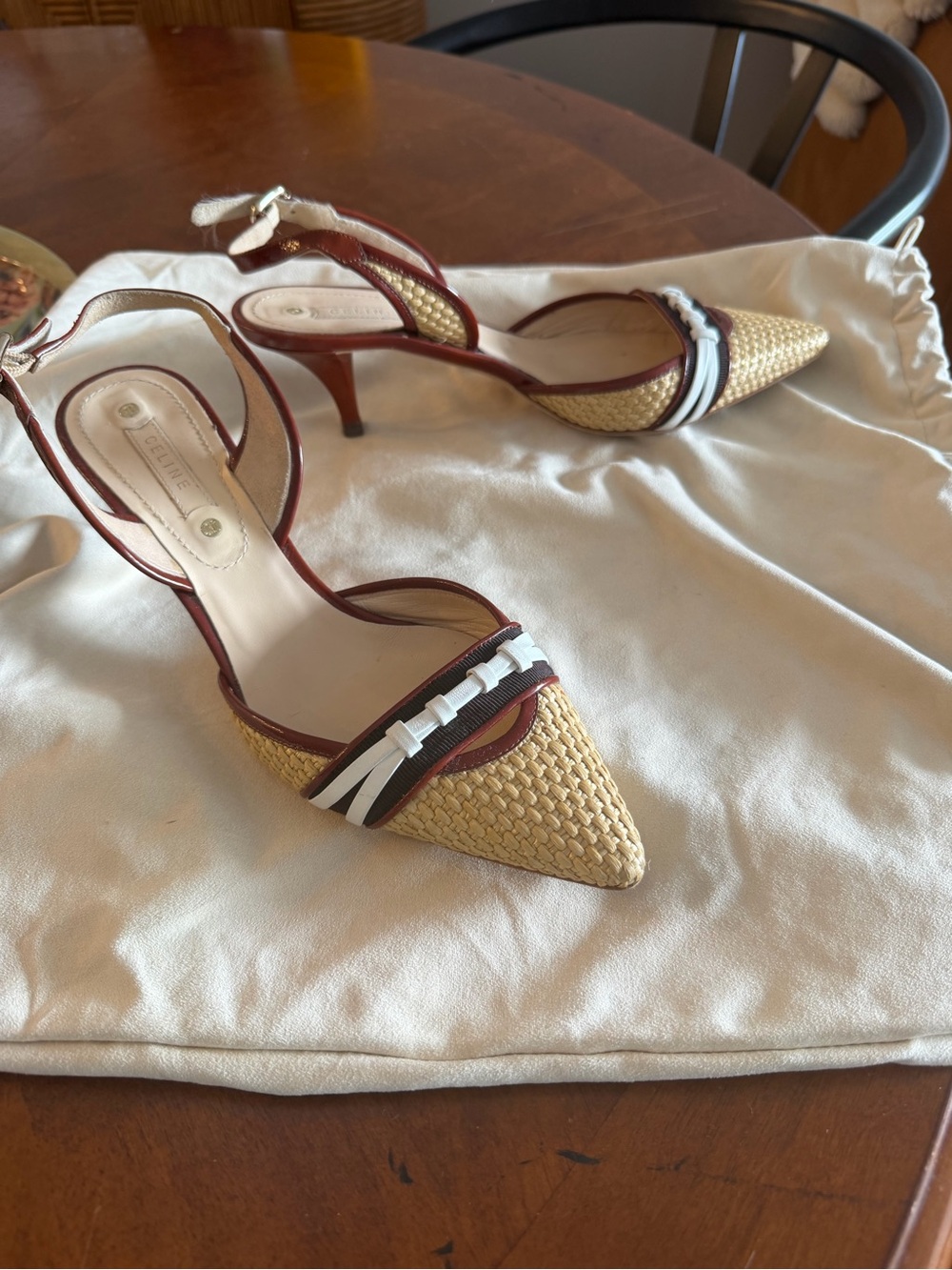 Celine Pointed Straw Slingback Heels in Brown, Natural & Black - Picture 2 of 4